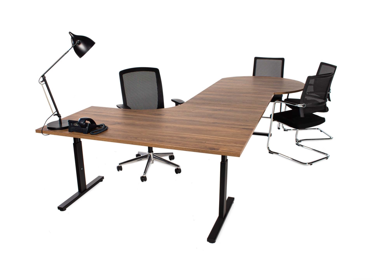 Elektrisch directie hoekbureau met vergaderstuk YOUP Zwart-Cognac Walnoten 65-130 NPR Bluetooth 